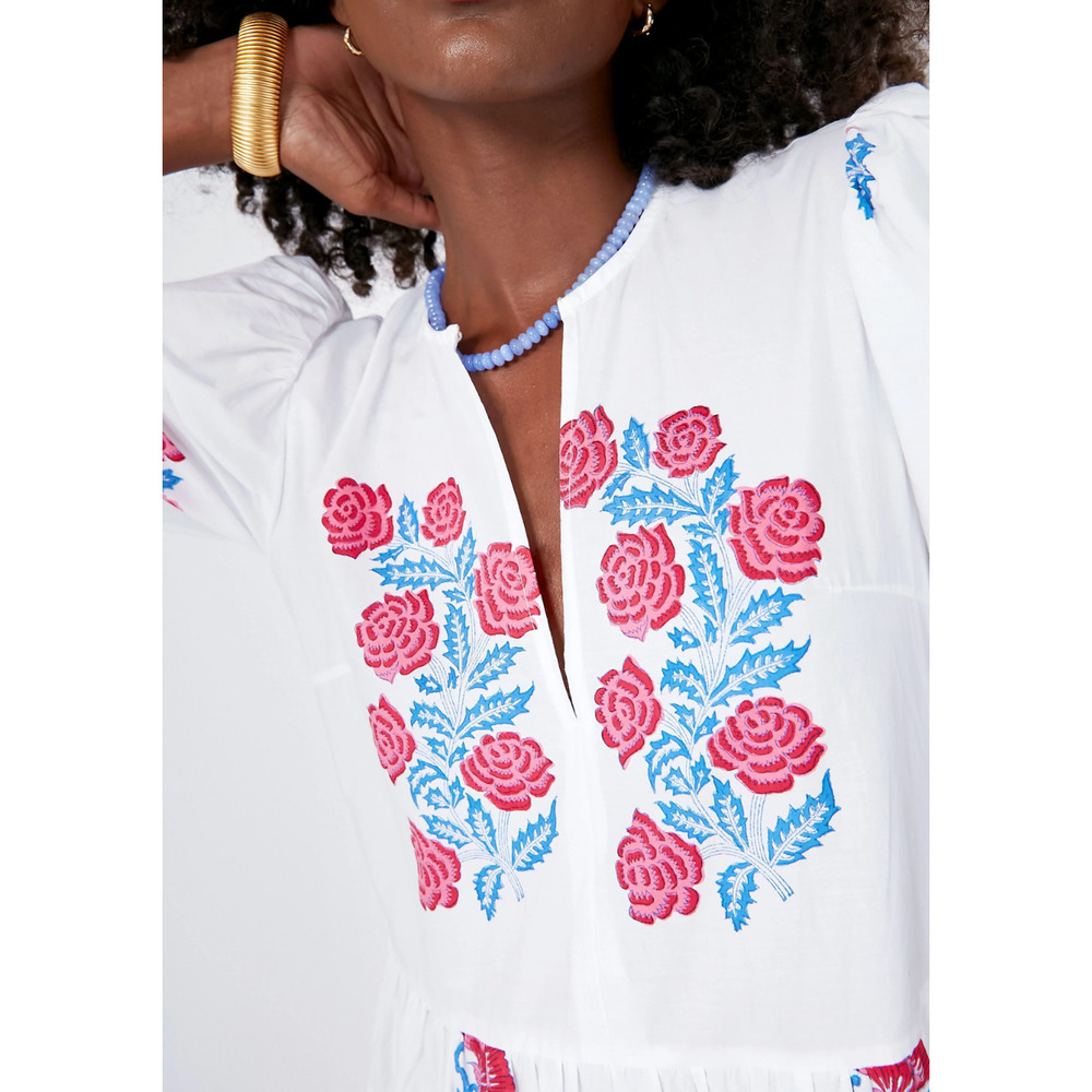 OLIPHANT Tuckernuck Pink Blue Block Print Grandiflora Puff Sleeve Maxi Dress XS - Picture 5 of 14